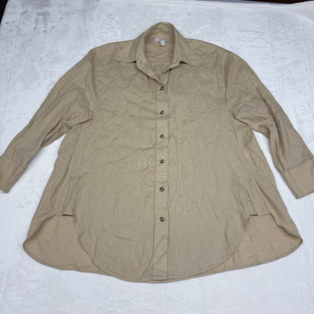 COS Linen Top Womens 4 Tan Button Down Tunic Shirt Preppy Summer Casual Luxury